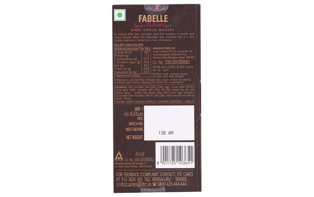 Fabelle Dark Choco Mousse, Centre Filled Bar   Pack  135 grams